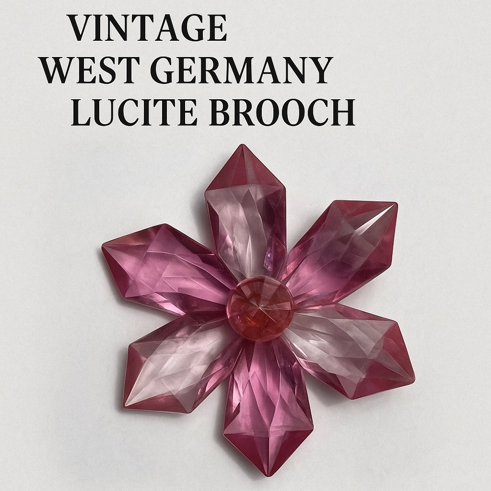 Vintage Signed West Germany Pink Faceted Lucite Flower Brooch‎ Mid-Century